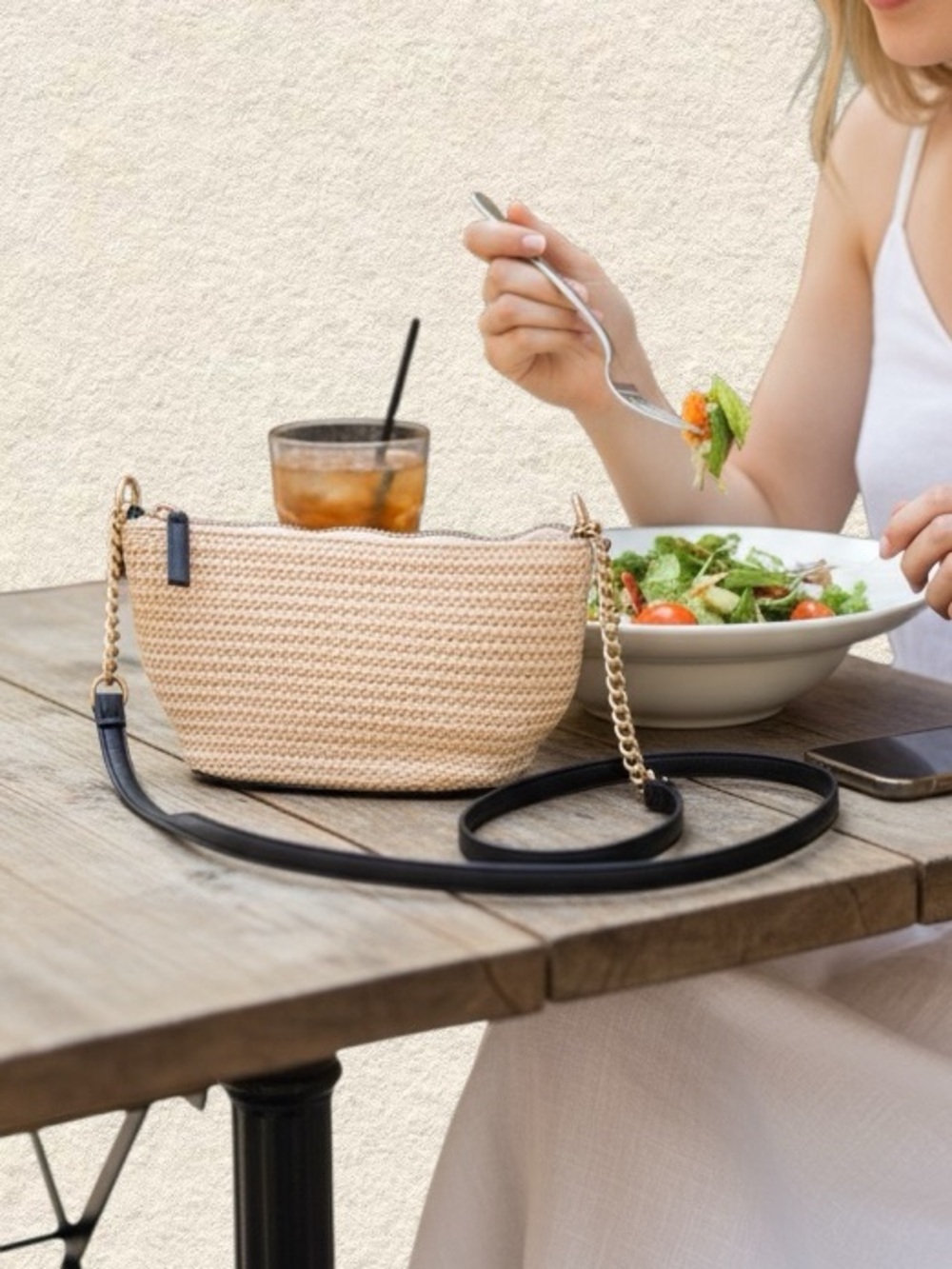 Woven Crossbody Bag in Beige with Black Strap
